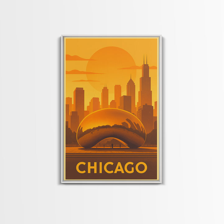 Chicago Travel Poster, Framed Canvas Print, Warm Sunset Silhouette Art, Chicago Poster Print, Modern Wall Decor, Travel Wall Decor