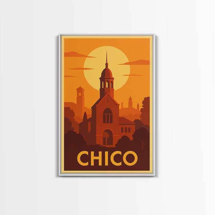 Chico Travel Poster, Framed Canvas Print, Vintage Deco Wall Art, Chico Poster Print, Gift For Travelers, City Illustration, Retro Poster