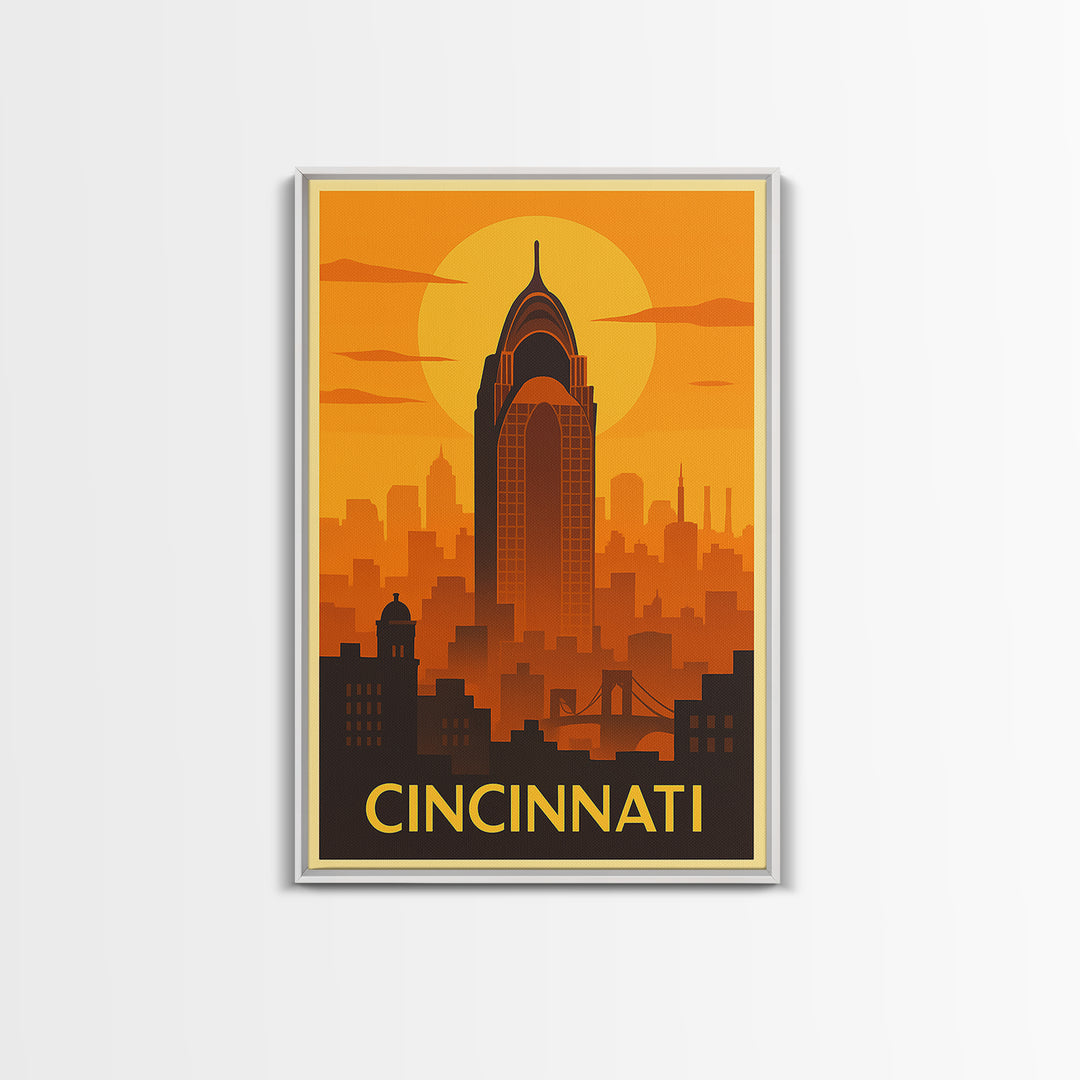 Cincinnati Travel Poster, Framed Canvas Print, Warm Sunset Silhouette Art, Cincinnati Art Print, Retro Travel Print, Gift For Travelers