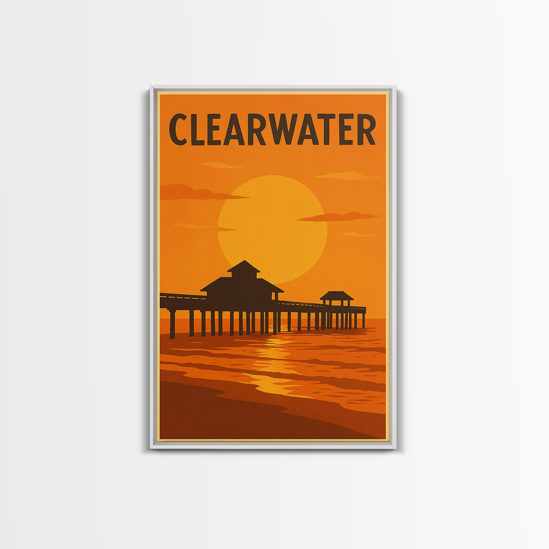 Clearwater Florida Travel Poster, Canvas Print, Warm Sunset Silhouette Art, Clearwater Poster Print, Wall Art, Gift For Travelers
