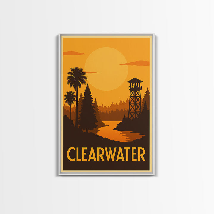 Clearwater Travel Poster, Framed Canvas Print, Golden Travel Poster Art, Clearwater City Art, City Travel Prints, Travel Poster Art