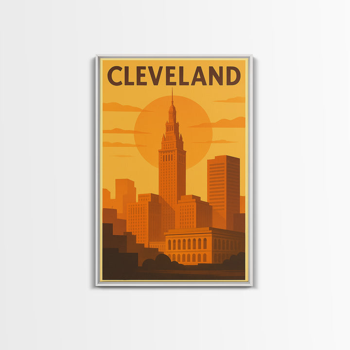 Cleveland Ohio Travel Poster, Framed Canvas Print, Golden Travel Poster Art, Cleveland Travel Art, Modern Wall Decor, Travel Poster Art