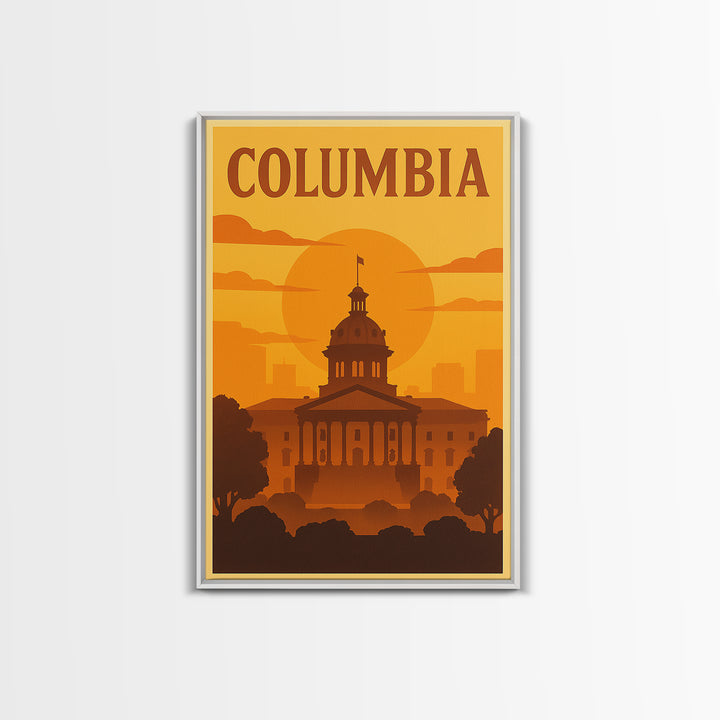 Columbia South Carolina Travel Poster, Canvas Print, Warm Sunset Silhouette Art, Columbia Poster Print, Wall Decor, Watercolor Cityscape