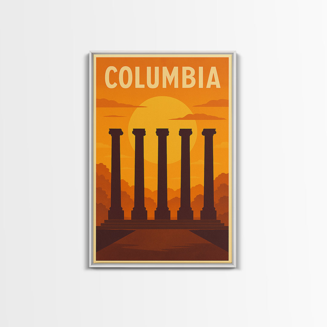 Columbia Travel Poster, Framed Canvas Print, Gold Art Deco Poster Art, Columbia Travel Art, Vintage Travel Art, Travel Art Print