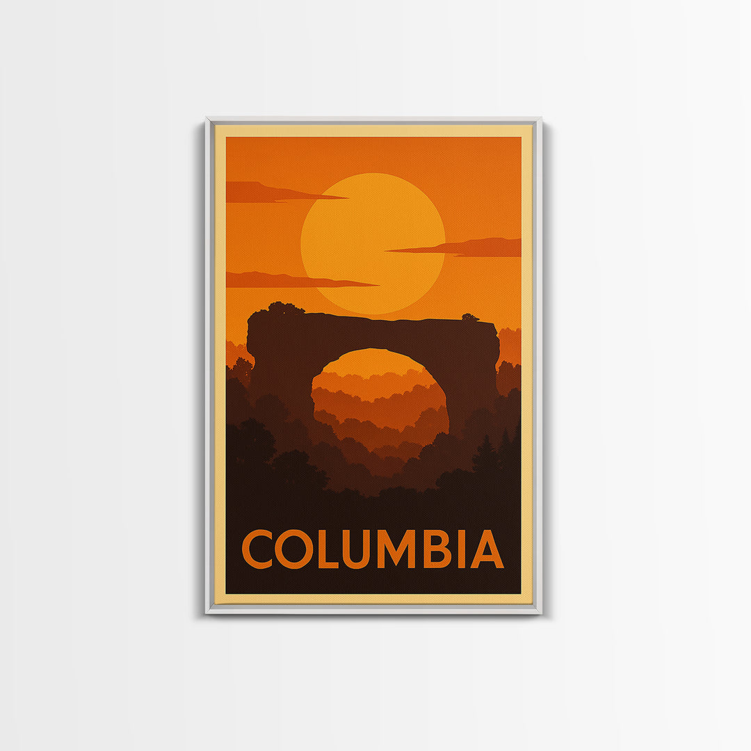 Columbia Travel Poster, Canvas Print, Warm Sunset Silhouette Art, Columbia City Art, Retro Travel Print, Eclectic Wall Decor, Wall Art