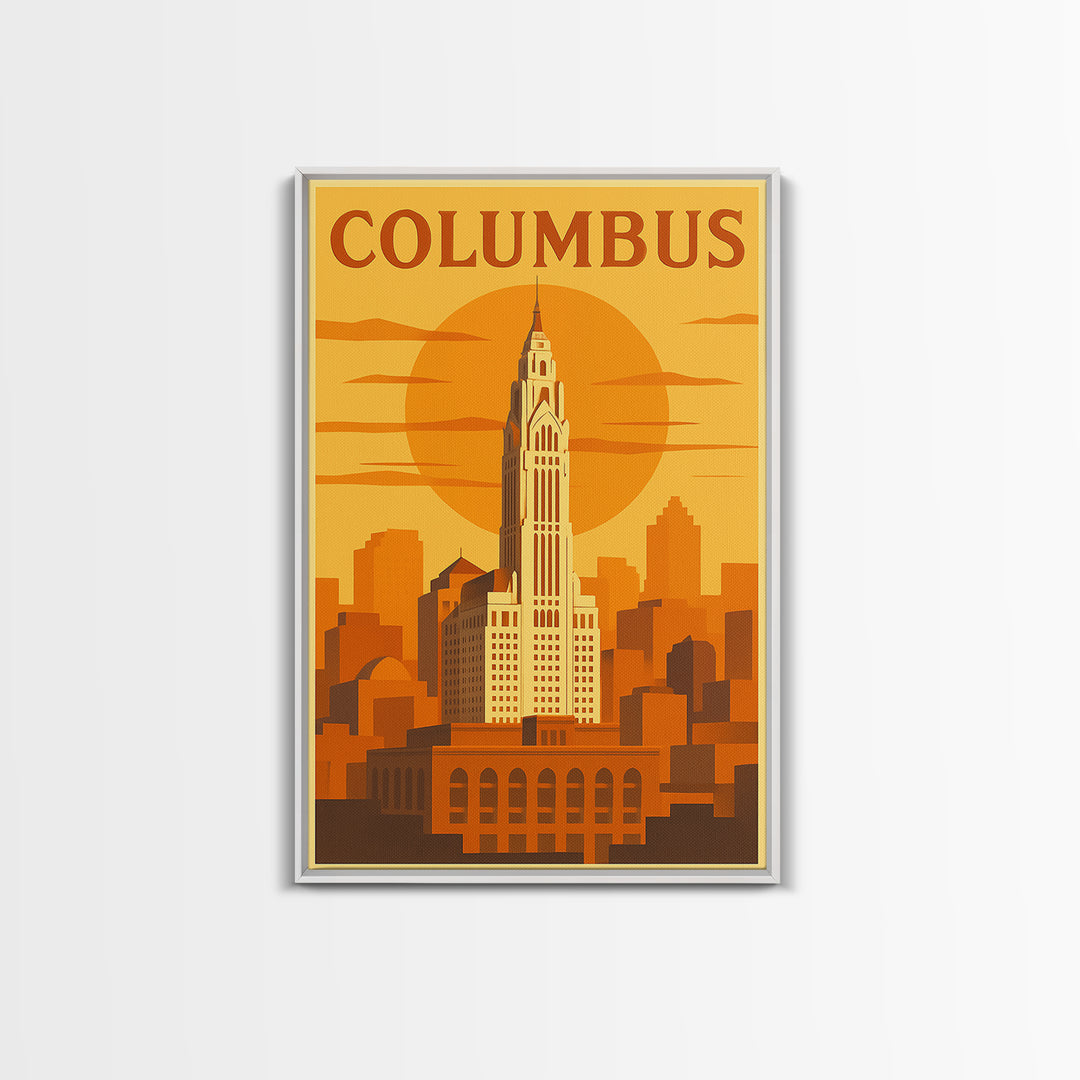 Columbus Travel Poster, Framed Canvas Print, Golden Travel Poster Art, Columbus Travel Art, Wanderlust Decor, City Illustration