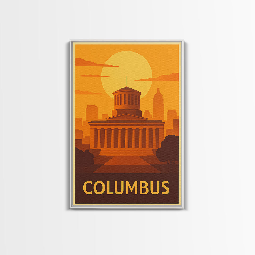 Columbus Travel Poster, Framed Canvas Print, Warm Sunset Silhouette Art, Columbus City Art, Living Room Wall Art, Travel Poster Set