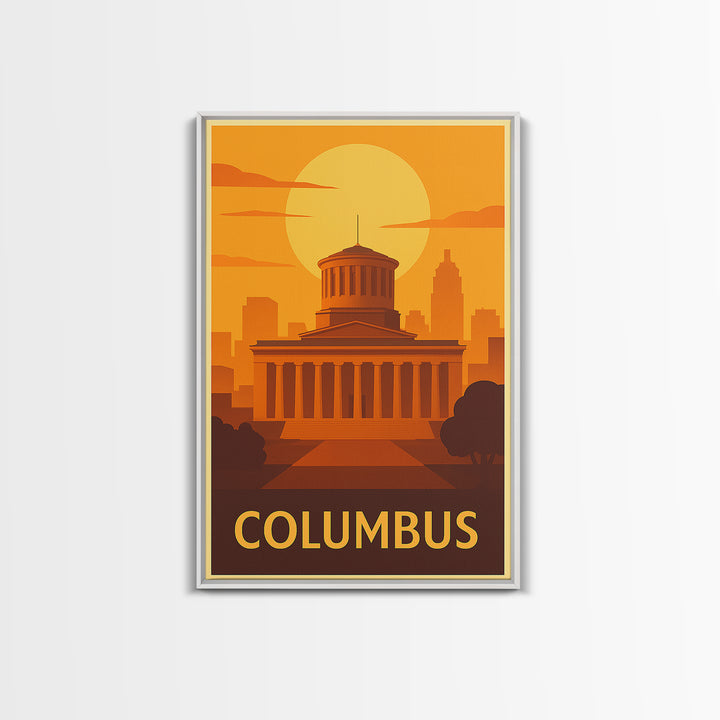 Columbus Travel Poster, Framed Canvas Print, Warm Sunset Silhouette Art, Columbus City Art, Living Room Wall Art, Travel Poster Set