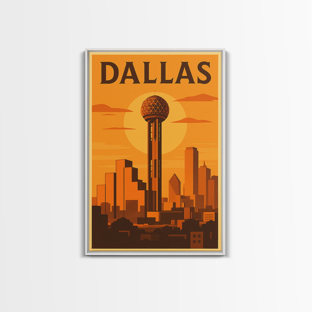 Dallas Texas Travel Poster, Canvas Print, Golden Poster Art, Dallas Wall Art, City Illustration, Mid Century Wall Art, Vintage Travel Art