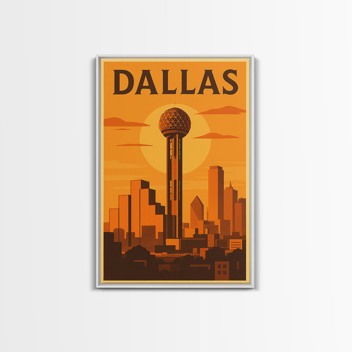 Dallas Texas Travel Poster, Canvas Print, Golden Poster Art, Dallas Wall Art, City Illustration, Mid Century Wall Art, Vintage Travel Art