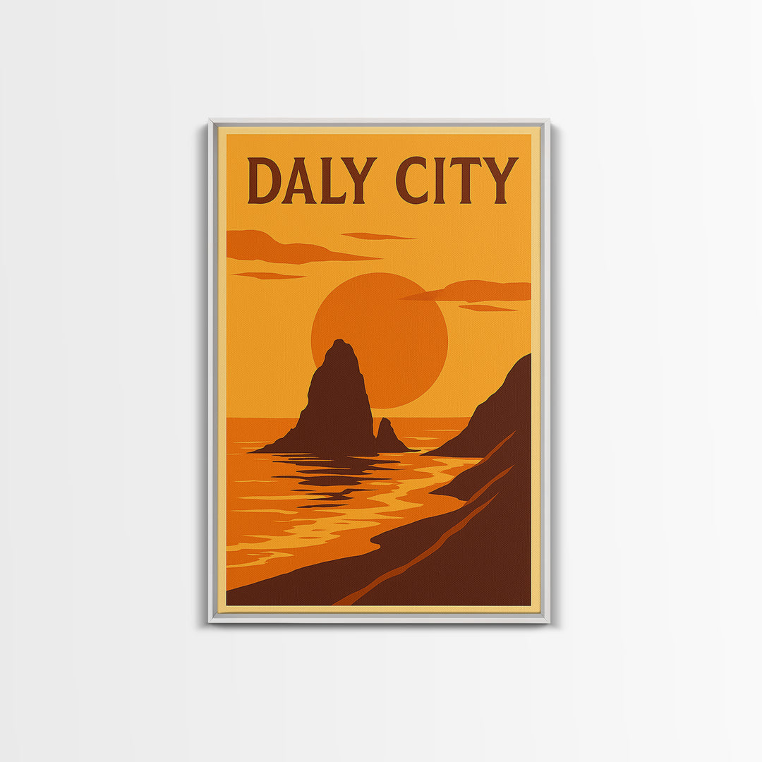 Daly City California Travel Poster, Canvas Print, Warm Sunset Silhouette Art, Daly Art Print, Wanderlust Decor, Gift For Travelers