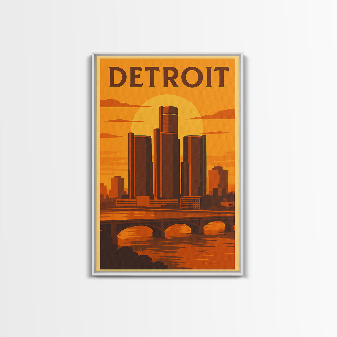 Detroit Michigan Travel Poster, Canvas Print, Warm Sunset Silhouette Art, Detroit Wall Art, City Illustration, Wanderlust Decor, Wall Art