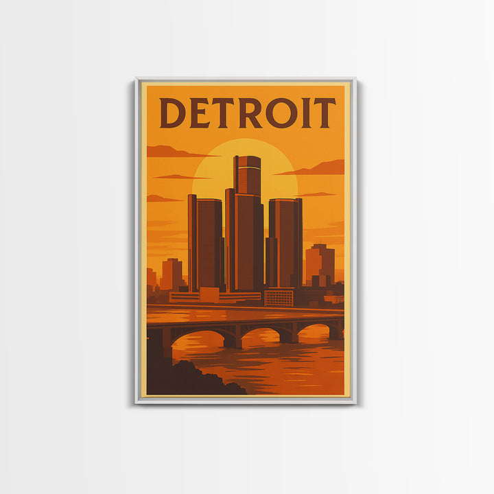 Detroit Michigan Travel Poster, Canvas Print, Warm Sunset Silhouette Art, Detroit Wall Art, City Illustration, Wanderlust Decor, Wall Art
