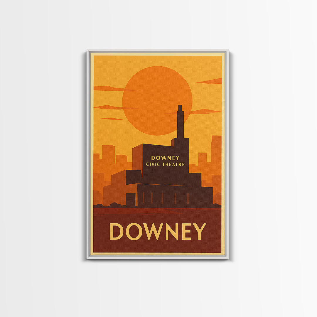 Downey Travel Poster, Framed Canvas Print, Vintage Deco Wall Art, Downey City Art, Travel Poster Art, Retro Travel Print, Travel Posters