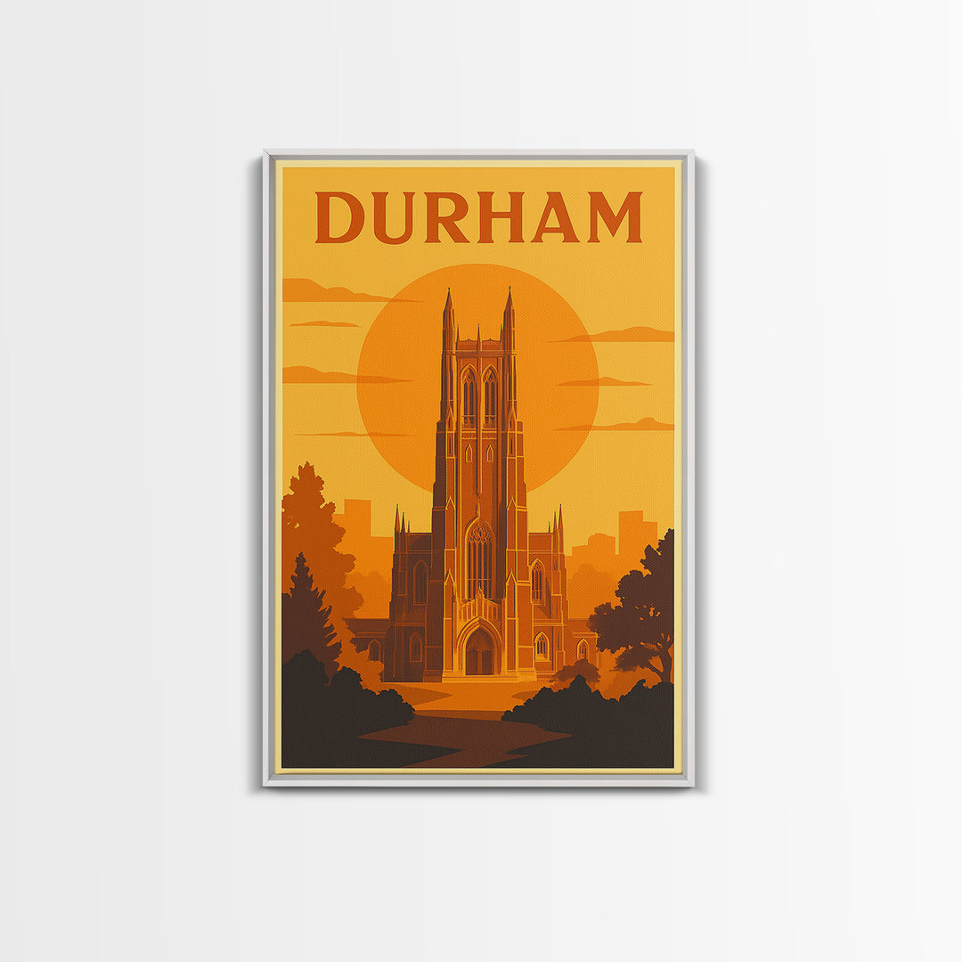 Durham North Carolina Travel Poster, Canvas Print, Warm Sunset Silhouette Art, Durham Wall Art, Vintage City Art, Travel Wall Art