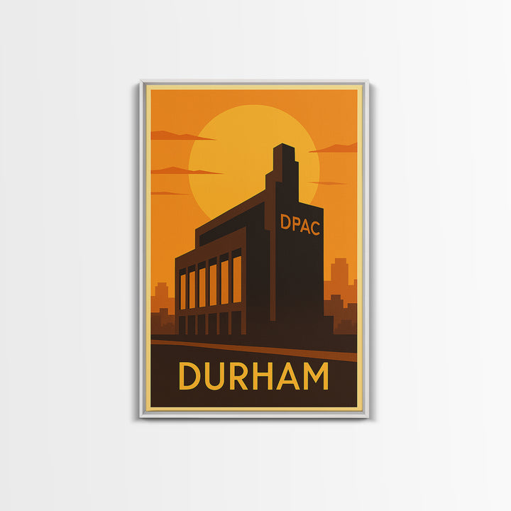 Durham Travel Poster, Framed Canvas Print, Warm Sunset Silhouette Art, Durham Art Print, Retro Travel Print, Vintage Travel Print