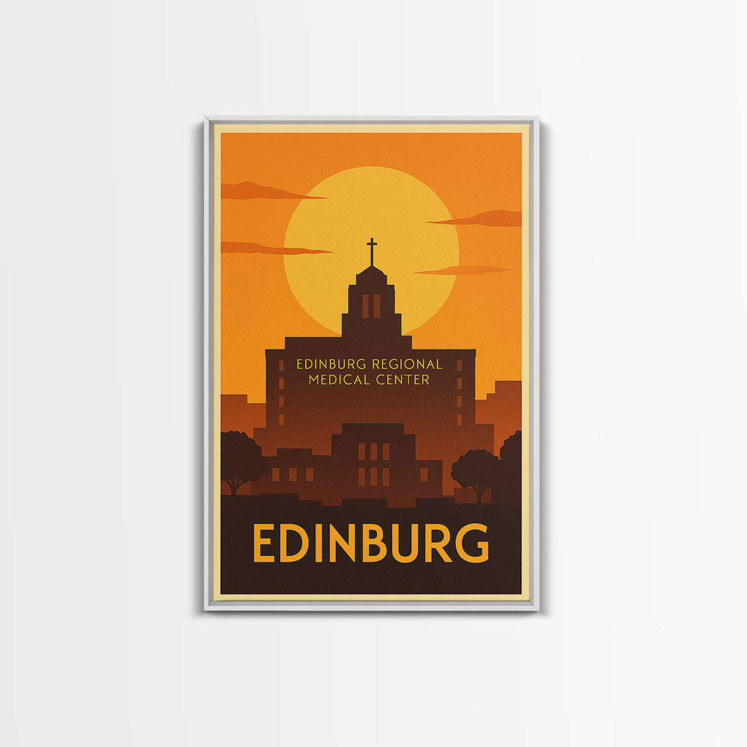 Edinburg Travel Poster, Framed Canvas Print, Golden Travel Poster Art, Edinburg Travel Art, Vintage City Art, City Illustration