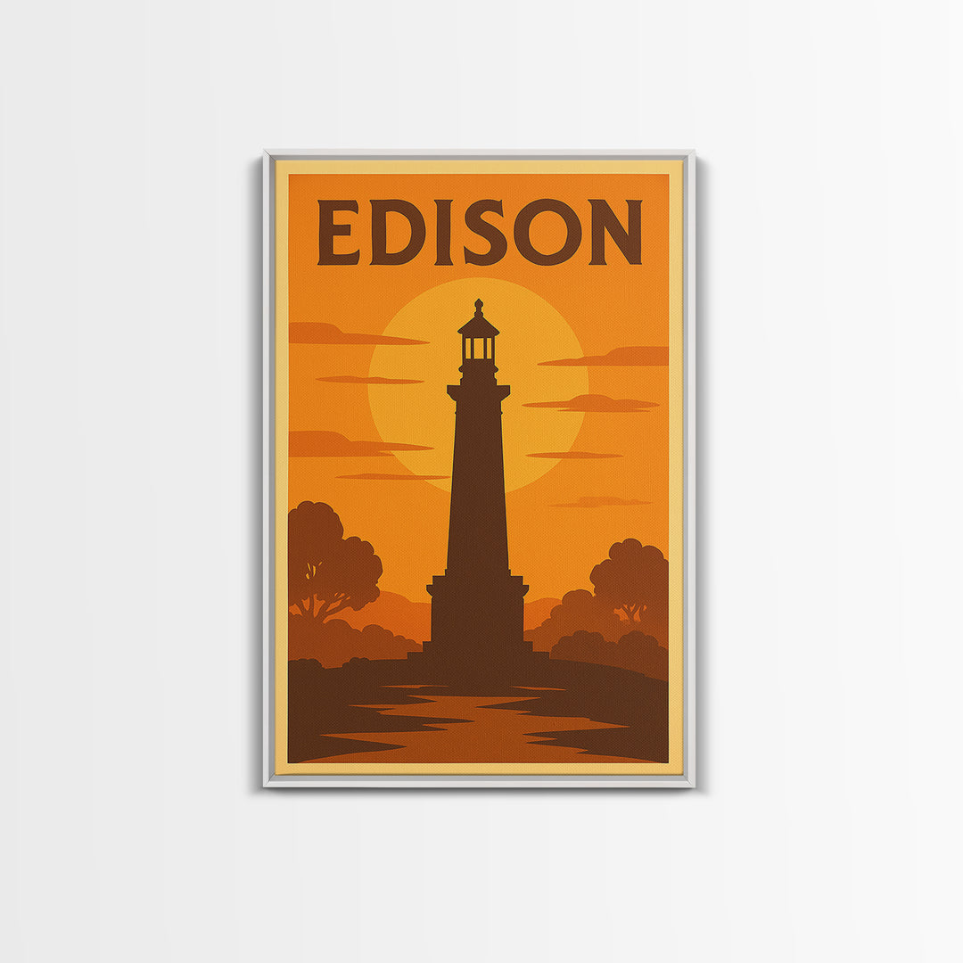 Edison New Jersey Travel Poster, Framed Canvas Print, Warm Sunset Silhouette Art, Edison Art Print, Home Office Decor, Modern Wall Decor