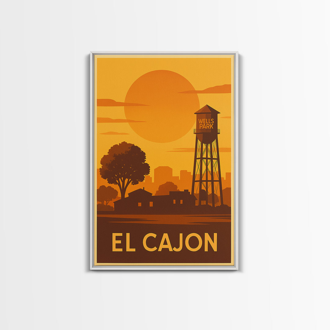 El Cajon Travel Poster, Framed Canvas Print, Golden Travel Poster Art, El Cajon Art Print, Travel Wall Art, City Illustration, Wall Art