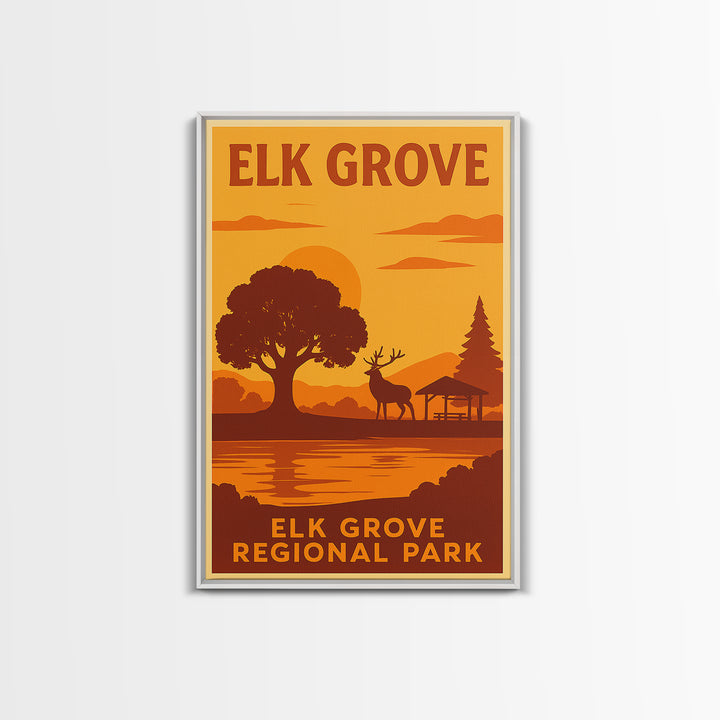 Elk Grove California Travel Poster, Framed Canvas Print, Warm Sunset Silhouette Art, Elk Grove Art Print, City Art Print, City Illustration