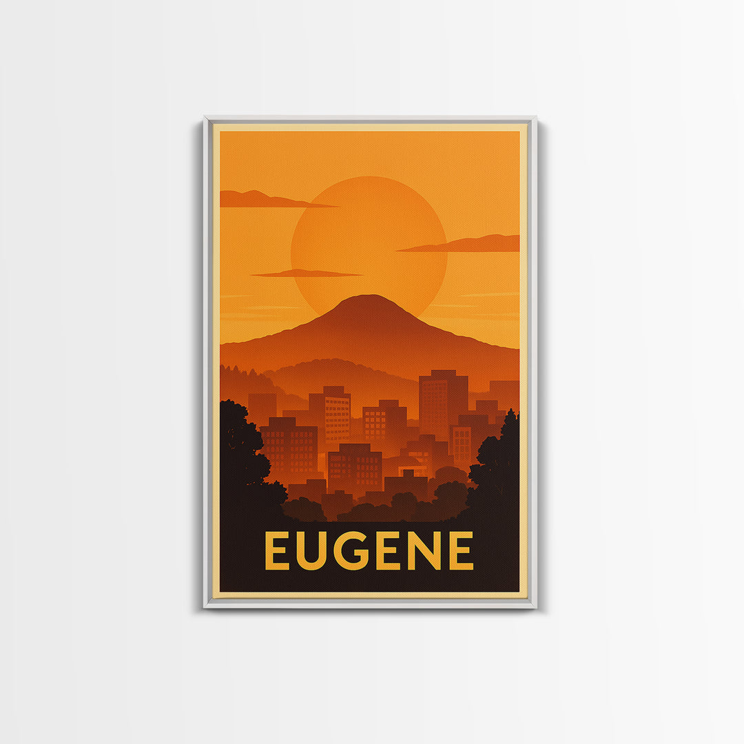 Eugene Travel Poster, Canvas Print, Warm Sunset Silhouette Art, Eugene Wall Art, Living Room Wall Art, City Art Print, Vintage City Poster