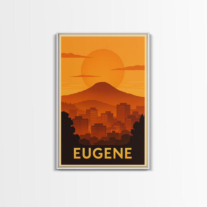 Eugene Travel Poster, Canvas Print, Warm Sunset Silhouette Art, Eugene Wall Art, Living Room Wall Art, City Art Print, Vintage City Poster