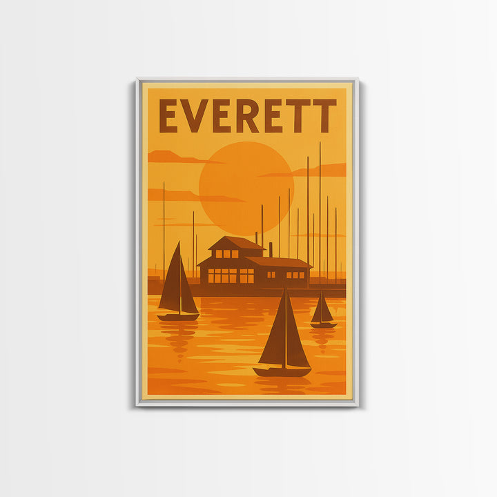 Everett Washington Travel Poster, Canvas Print, Warm Sunset Silhouette Art, Everett Poster Print, Travel Art Print, Vintage City Poster