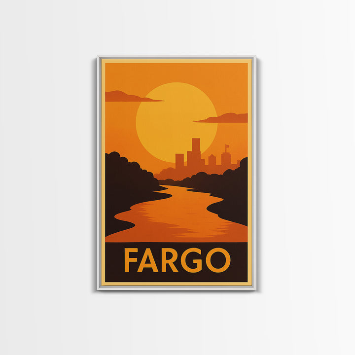 Fargo Travel Poster, Framed Canvas Print, Golden Travel Poster Art, Fargo Travel Art, Mid Century Wall Art, Travel Poster Art, Design 2