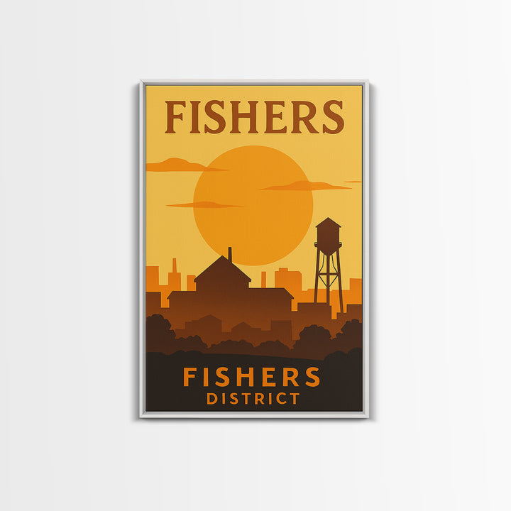 Fishers Indiana Travel Poster, Canvas Print, Gold Art Deco Poster Art, Fishers Wall Art, Travel Poster Set, Watercolor Downtown Skyline