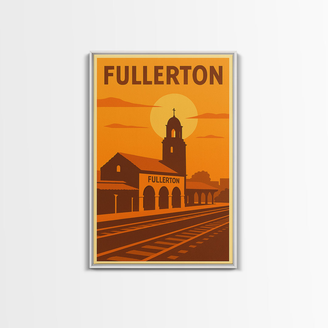 Fullerton California Travel Poster, Canvas Print, Warm Sunset Silhouette Art, Fullerton City Art, Retro Travel Print, Wall Decor, Poster Art