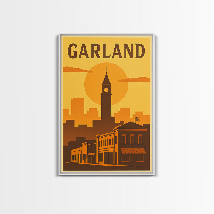 Garland Texas Travel Poster, Framed Canvas Print, Golden Travel Poster Art, Garland Art Print, Eclectic Wall Decor, Gift For Travelers