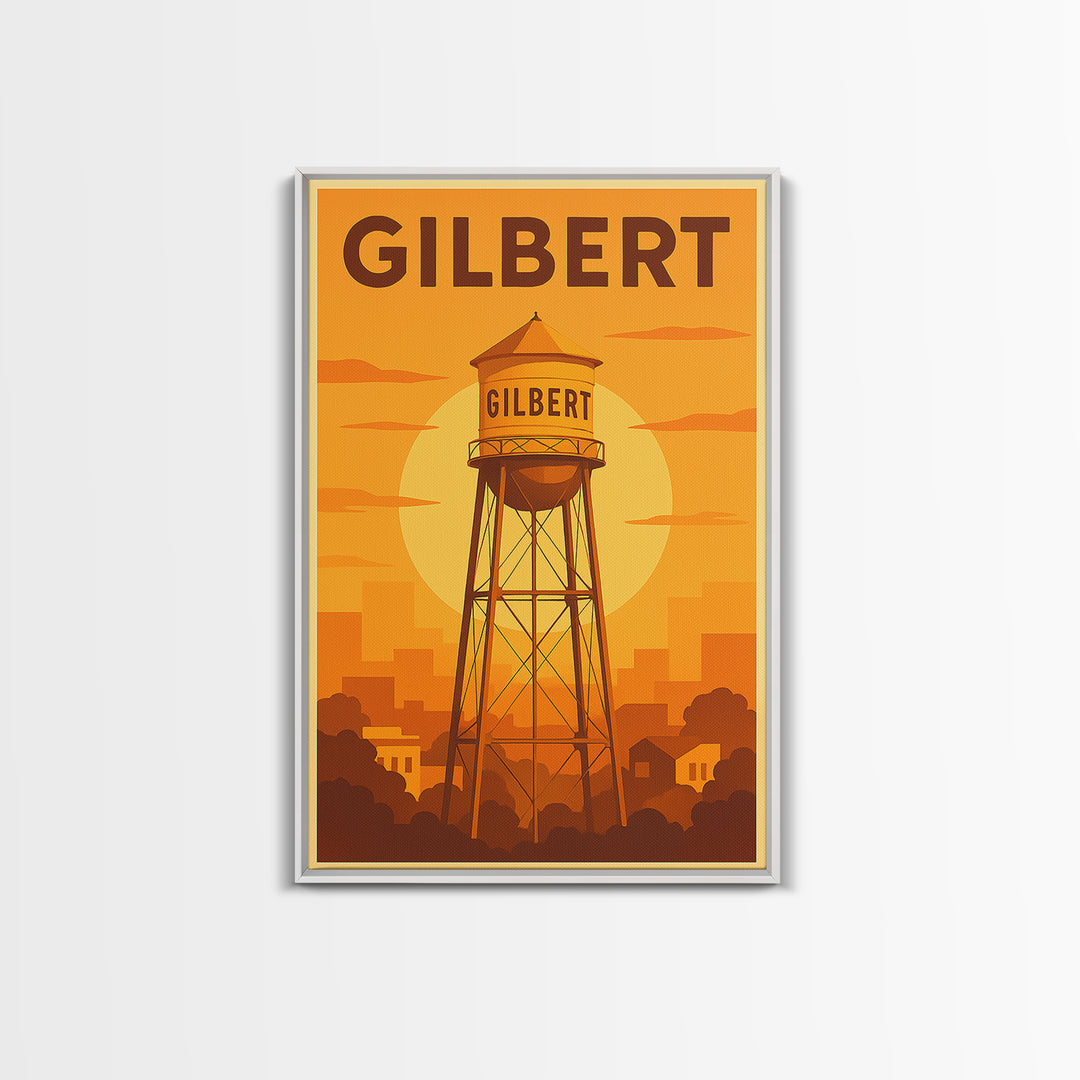 Gilbert Arizona Travel Poster, Canvas Print, Gold Art Deco Poster Art, Gilbert Art Print, Watercolor Skyline, Travel Wall Art, Art Print