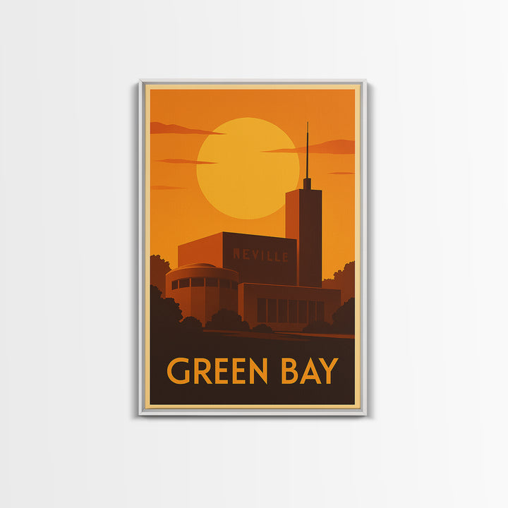 Green Bay Travel Poster, Canvas Print, Warm Sunset Silhouette Art, Green Bay Travel Art, Retro Travel Print, City Illustration