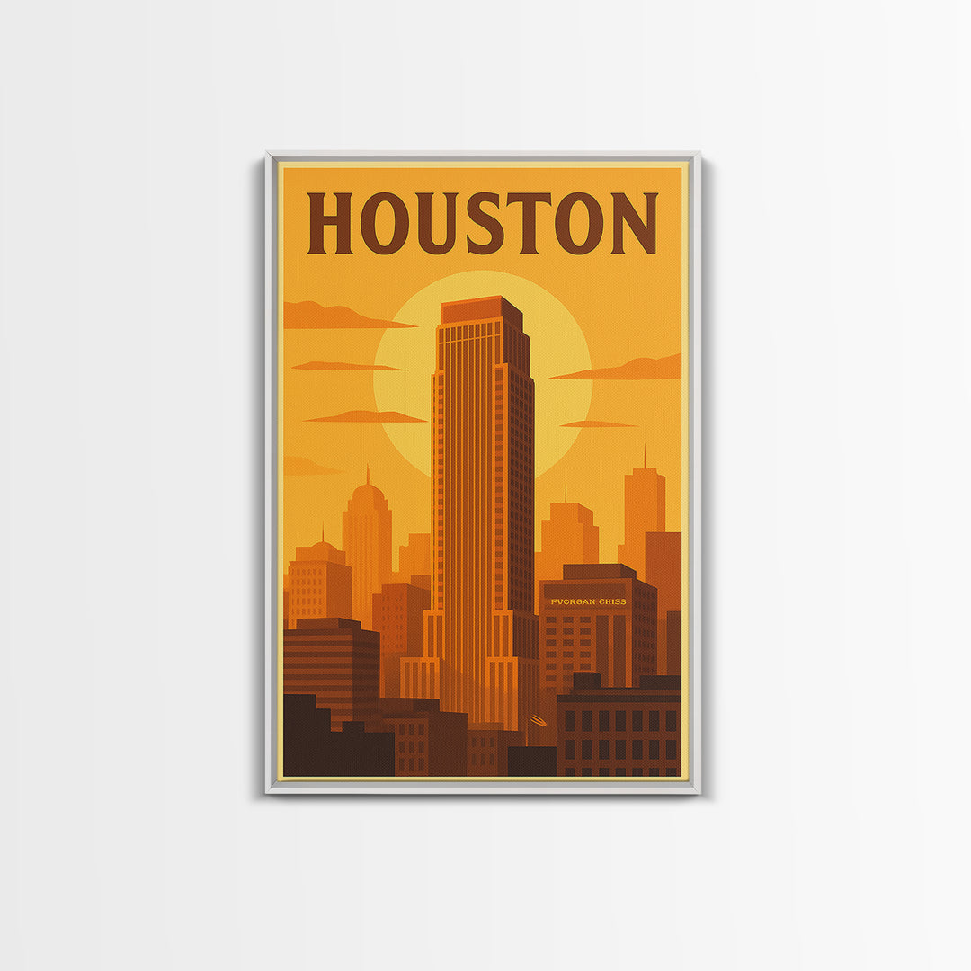 Houston Texas Travel Poster, Canvas Print, Gold Art Deco Poster Art, Houston Travel Art, Wanderlust Decor, Travel Wall Decor, Wall Art