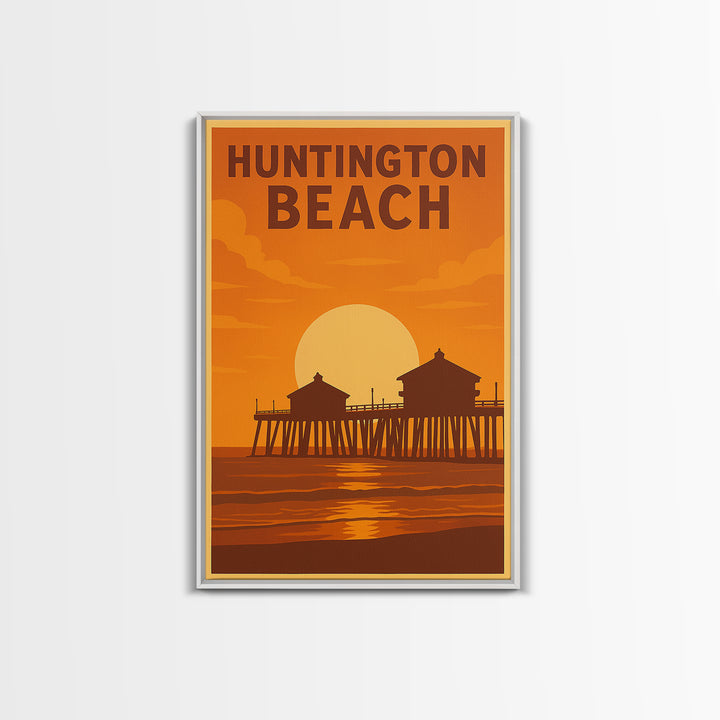 Huntington Beach California Travel Poster, Framed Canvas Print, Warm Sunset Silhouette Art, Huntington Beach Poster Print, City Illustration