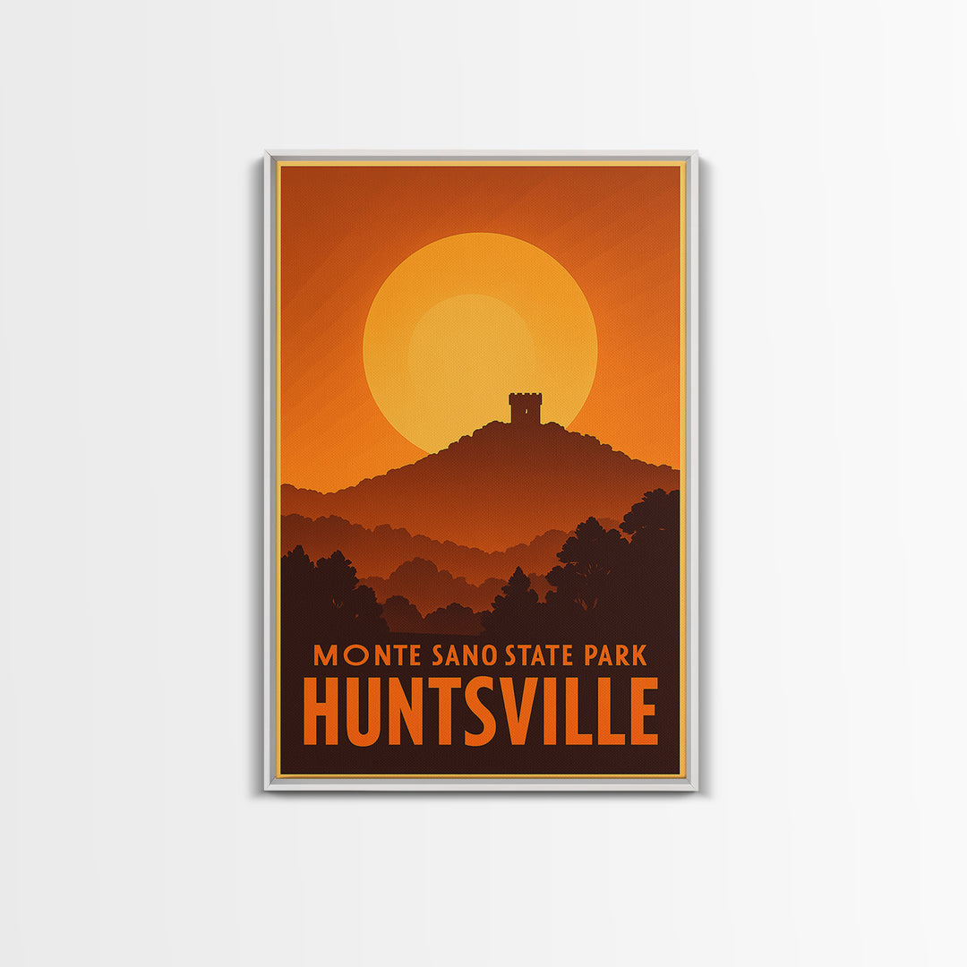 Huntsville Travel Poster, Framed Canvas Print, Warm Sunset Silhouette Art, Huntsville City Art, Vintage City Poster, Vintage City Art
