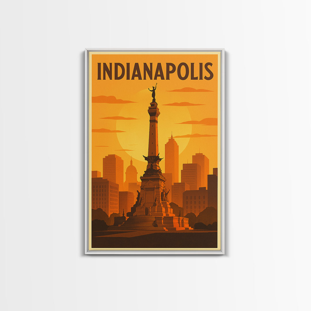 Indianapolis Indiana Travel Poster, Canvas Print, Warm Sunset Silhouette Art, Indianapolis Art Print, Retro Travel Print, Home Office Decor