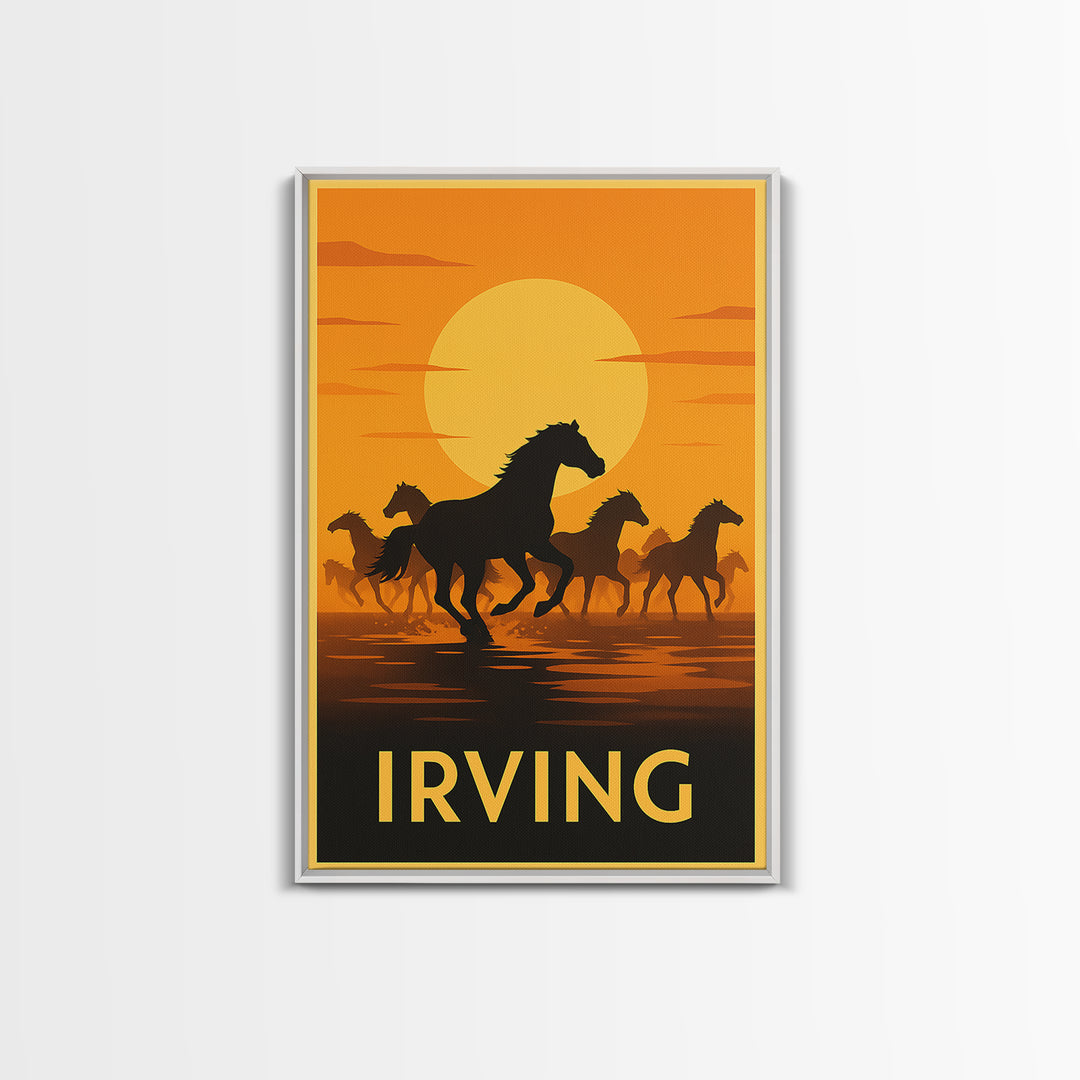 Irving Travel Poster, Framed Canvas Print, Warm Sunset Silhouette Art, Irving City Art, Living Room Wall Art, Wanderlust Decor