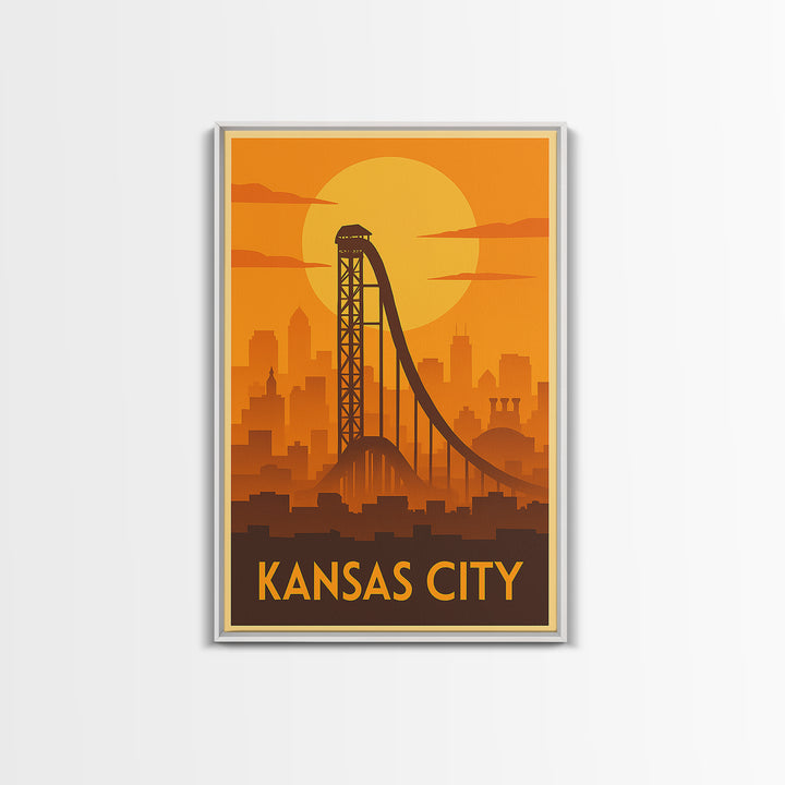 Kansas City Travel Poster, Framed Canvas Print, Gold Art Deco Poster Art, Kansas City Travel Art, Watercolor Urban Skyline, Travel Art Print