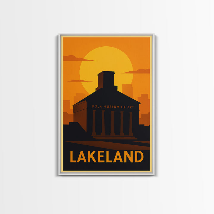 Lakeland Travel Poster, Canvas Print, Warm Sunset Silhouette Art, Lakeland Art Print, Living Room Wall Art, Mid Century Wall Art