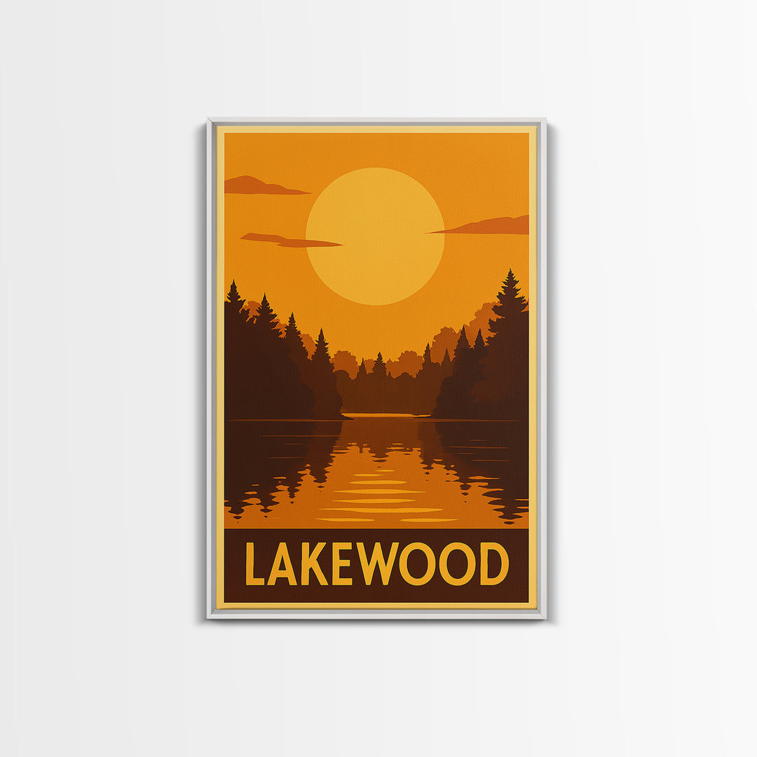 Lakewood Travel Poster, Framed Canvas Print, Golden Travel Poster Art, Lakewood City Art, Living Room Wall Art, City Illustration
