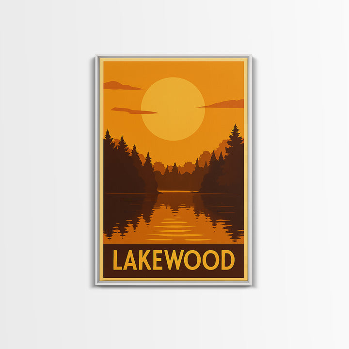 Lakewood Travel Poster, Framed Canvas Print, Golden Travel Poster Art, Lakewood City Art, Living Room Wall Art, City Illustration
