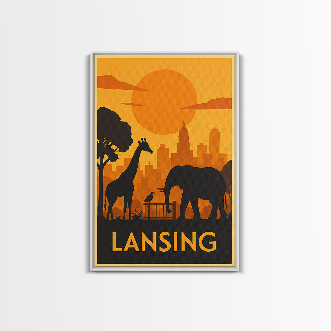 Lansing Travel Poster, Framed Canvas Print, Golden Travel Poster Art, Lansing City Art, Wanderlust Decor, Living Room Wall Art