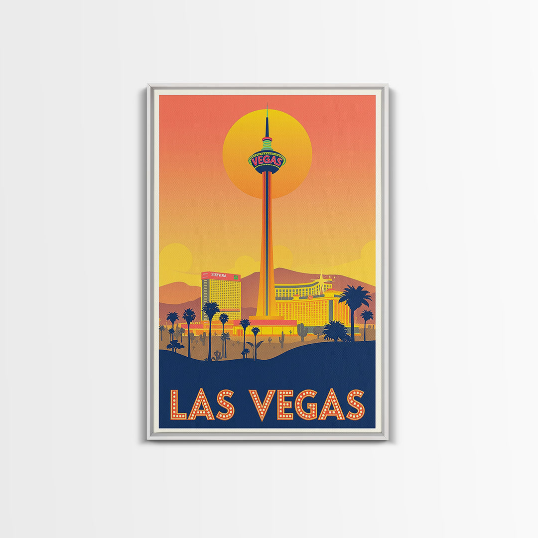 Las Vegas Travel Poster, Framed Canvas Print, Golden Travel Poster Art, Las Vegas City Art, Retro Travel Print, Gift For Travelers
