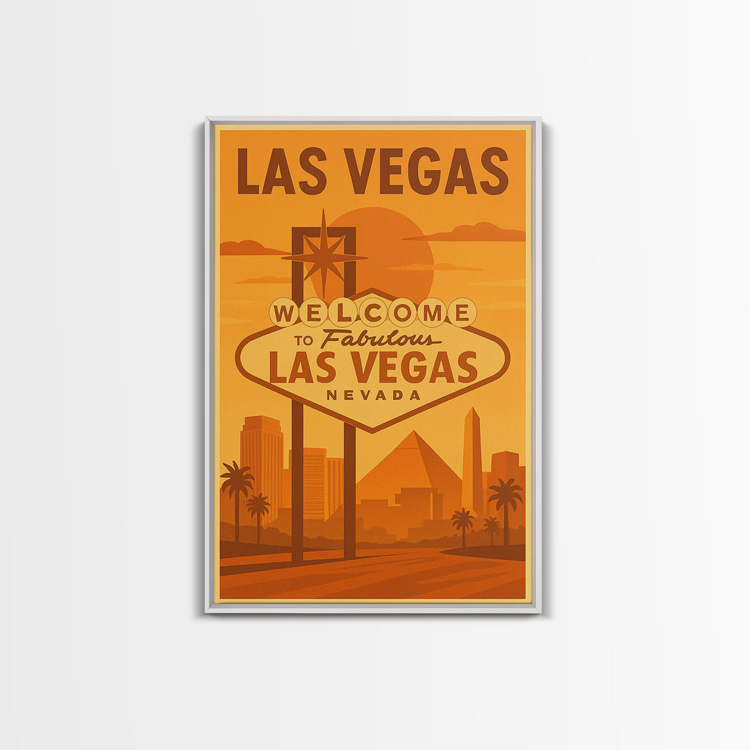 Las Vegas Travel Poster, Framed Canvas Print, Golden Travel Poster Art, Las Vegas Art Print, Modern Wall Decor, Mid Century Wall Art