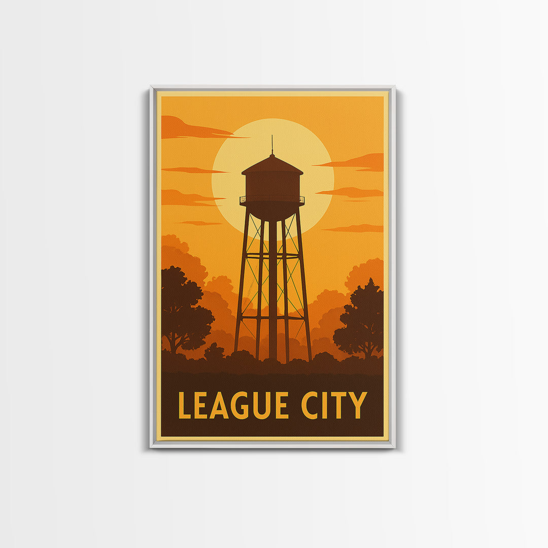 League City Travel Poster, Framed Canvas Print, Vintage Deco Wall Art, League City Travel Art, Vintage Travel Print, Vintage City Art