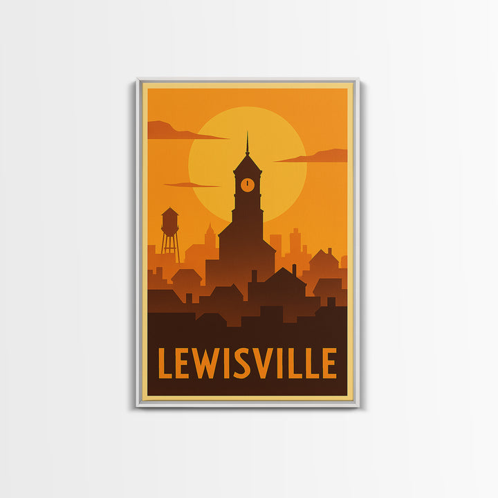 Lewisville Travel Poster, Canvas Print, Warm Sunset Silhouette Art, Lewisville Wall Art, Travel Wall Art, Watercolor City Skyline