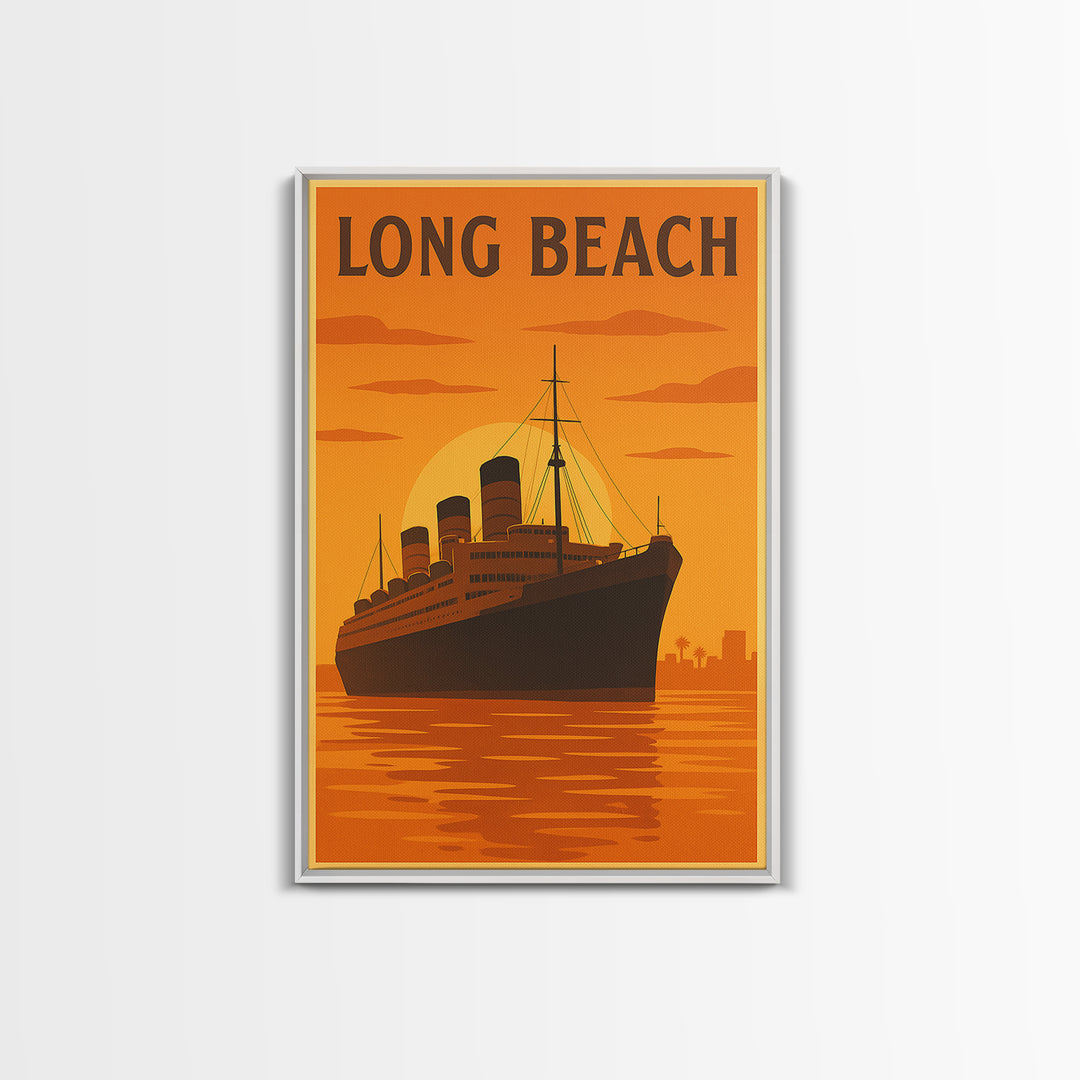 Long Beach California Travel Poster, Canvas Print, Warm Sunset Silhouette Art, Long Beach Poster Print, Travel Print, Travel Wall Art