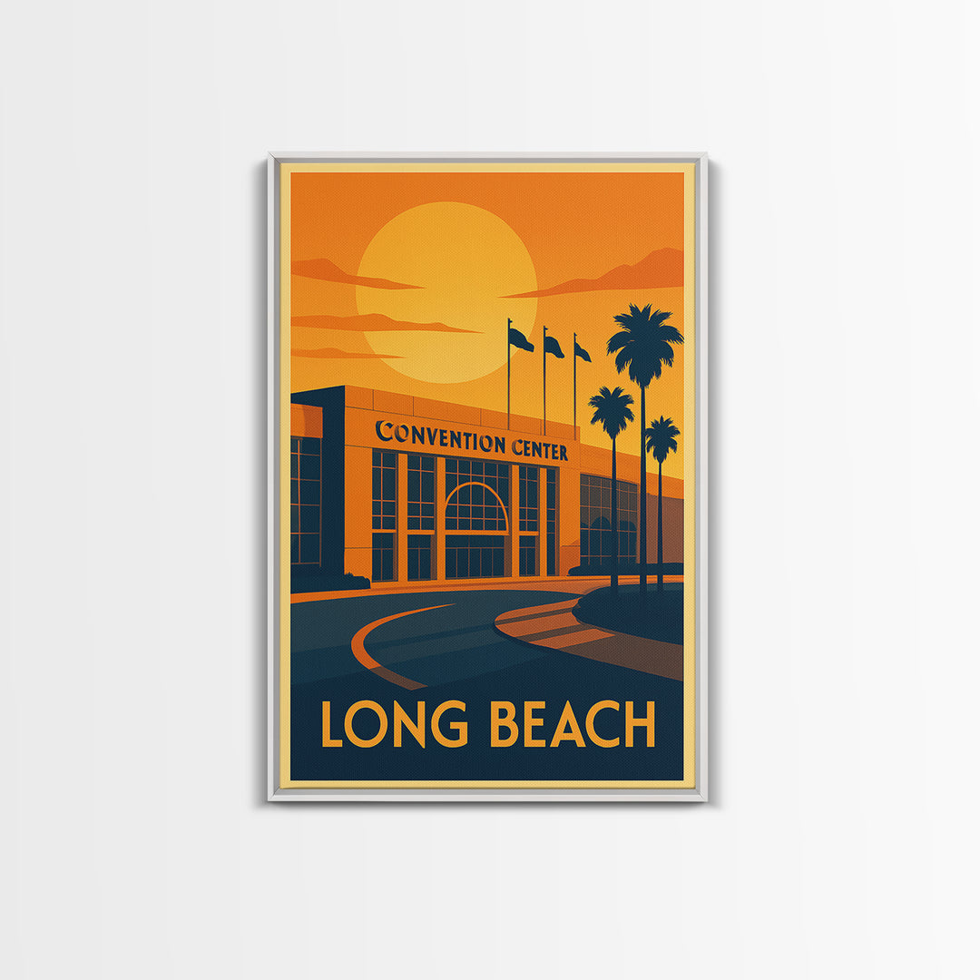 Long Beach Travel Poster, Canvas Print, Warm Sunset Silhouette Art, Long Beach Travel Art, Living Room Wall Art, Gift For Travelers