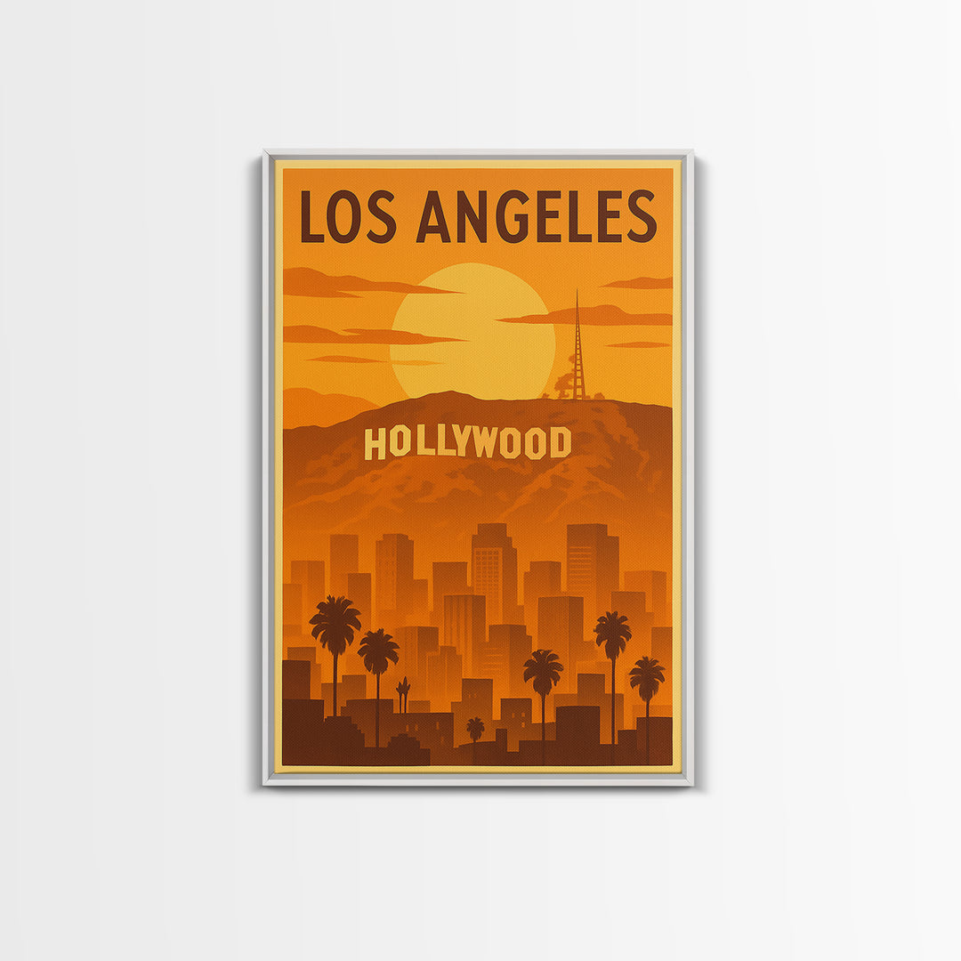 Los Angeles California Travel Poster, Canvas Print, Warm Sunset Silhouette Art, Los Angeles Art Print, City Travel Prints, Wanderlust Decor